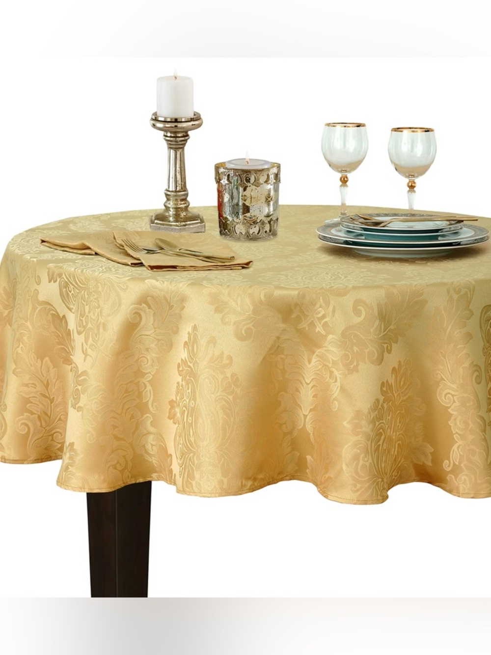 Barcelona Jacquard Damask Stain Resistant Tablecloth - 90" Round - Gold